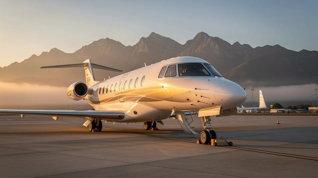 A sleek HondaJet Elite II, a light business jet from Honda Aircraft Company, is parked on a tarmac during golden hour, with stunning mountains in the background. The aircraft showcases its modern design and efficient engines, highlighting its role in private aviation.