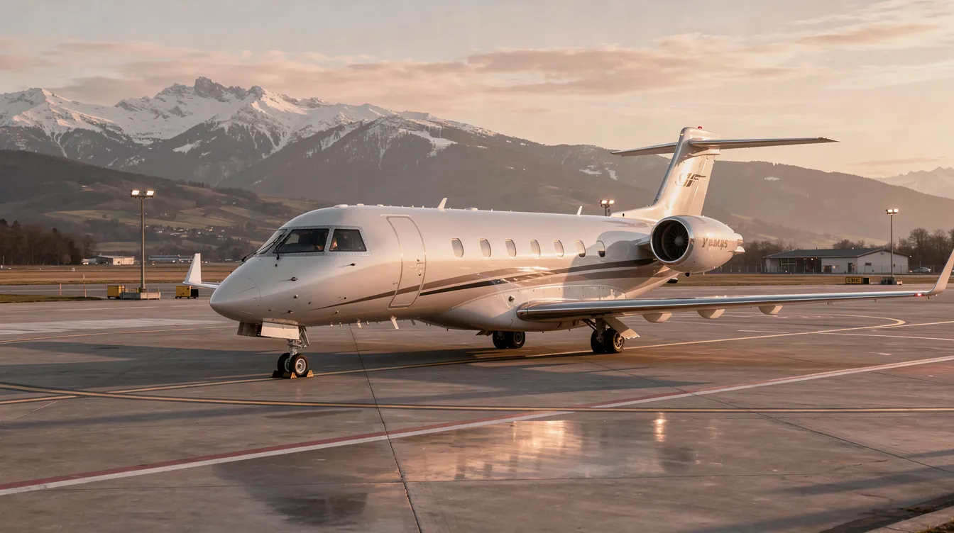 A sleek HondaJet aircraft, specifically the Hondajet HA-420, is parked on a private terminal tarmac during golden hour, with majestic mountains in the background. This light business jet is designed for efficiency and performance, making it a popular choice in the light jet market.