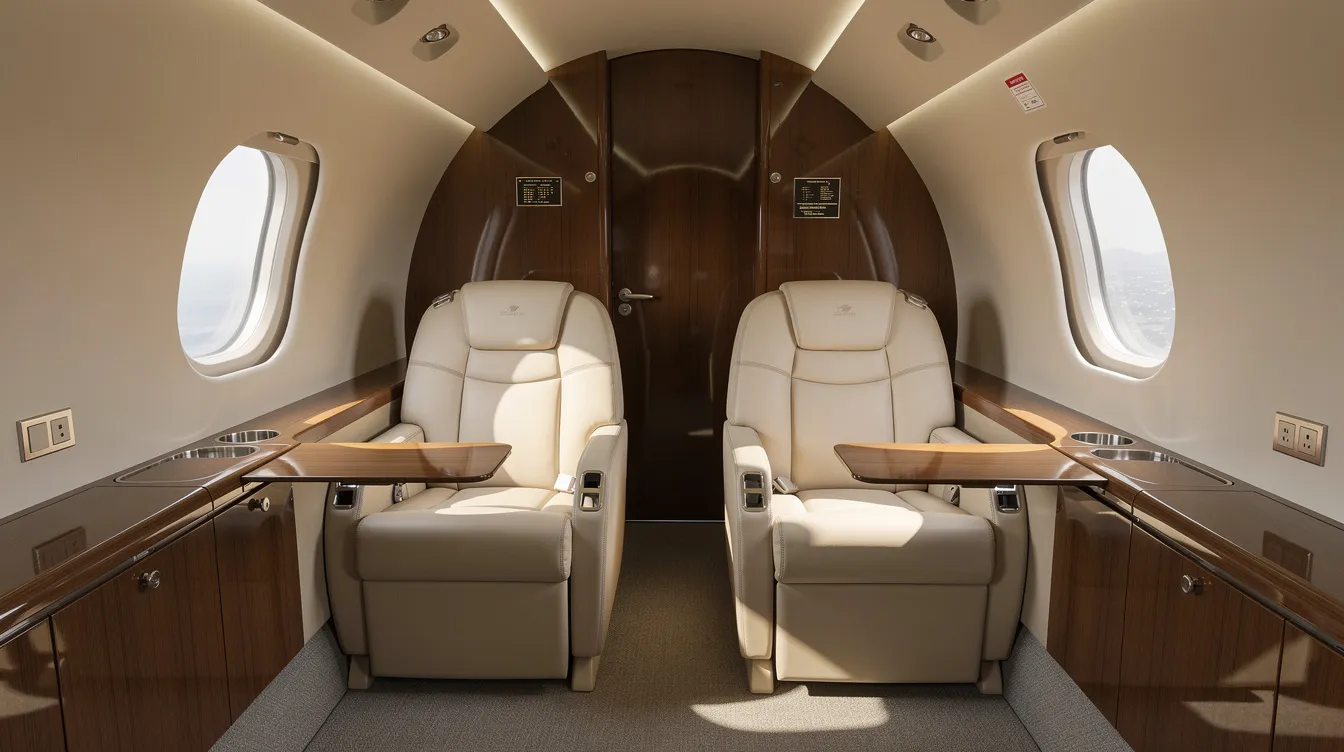 The image showcases the luxurious interior of a HondaJet, featuring cream leather club seating and polished wood cabinetry, emphasizing the elegance and comfort of this innovative light jet. This well-equipped HondaJet Elite II is designed for efficiency and style, ideal for private aviation and small corporate flight departments.