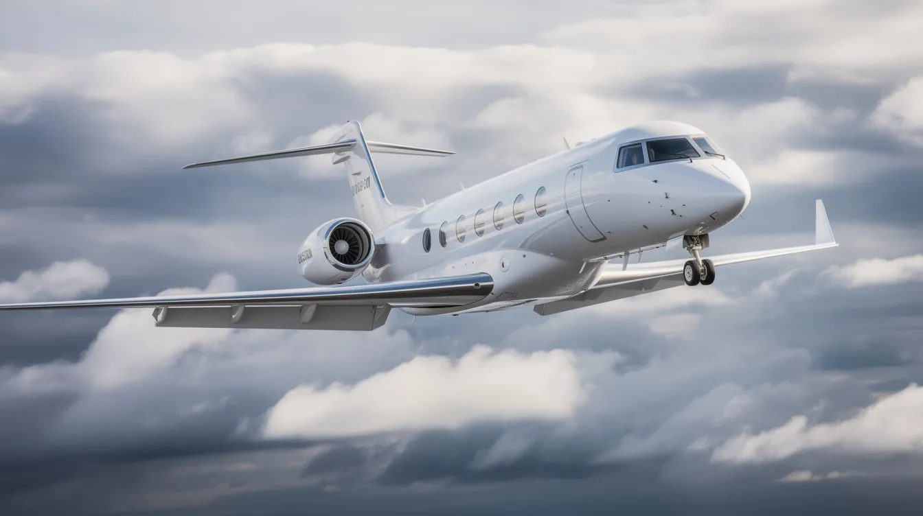 A Gulfstream G550 private jet is soaring through a cloudy sky, showcasing its sleek design and advanced technology. This aircraft is known for its ultra long range and maximum comfort, making it a preferred choice for luxury travel and international trips.