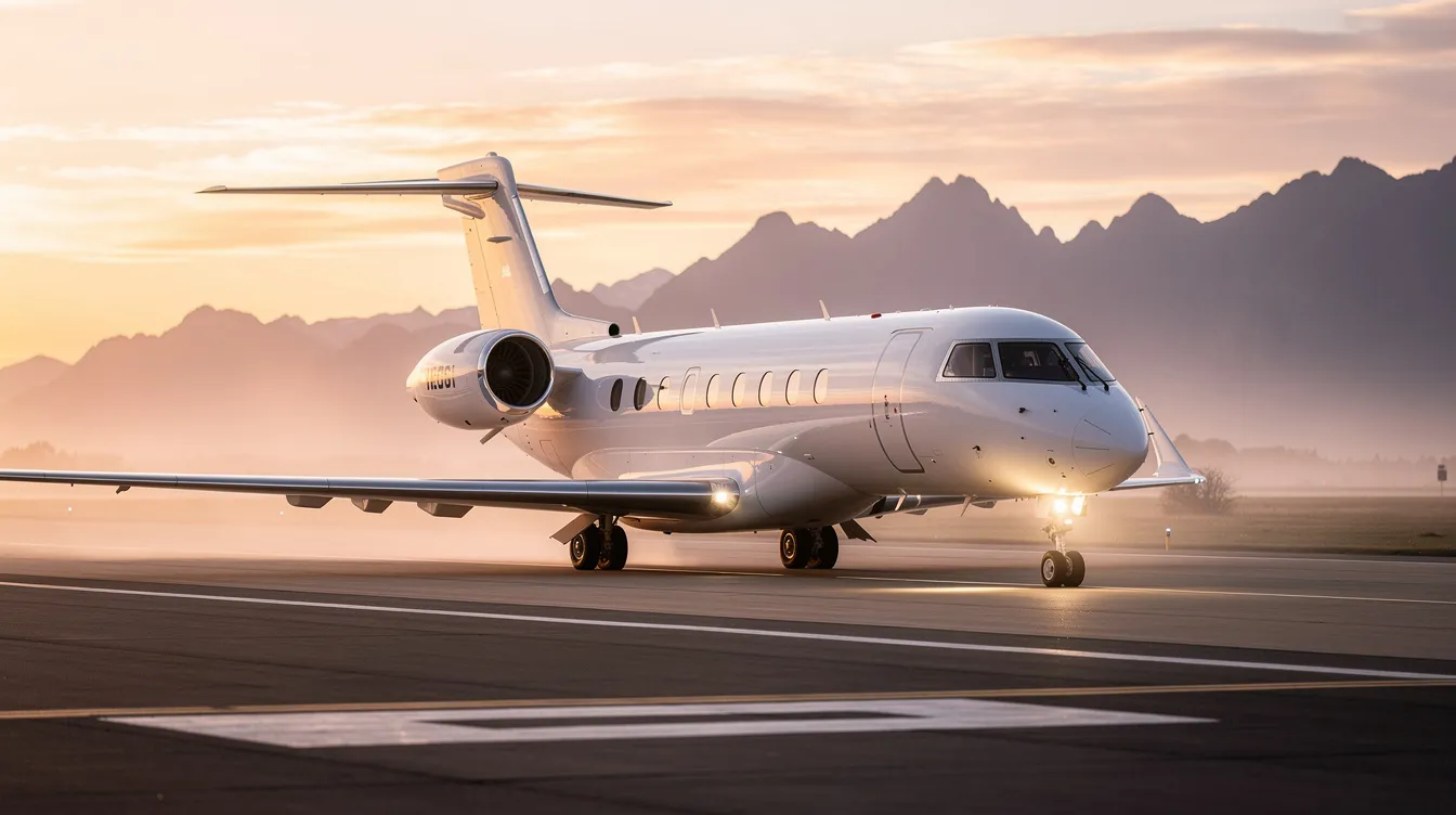 A sleek white business jet is taxiing on a private runway at dawn, with majestic mountains in the background, showcasing the luxury of private aviation. The early morning light highlights the aircraft's streamlined design, emphasizing its role in providing efficient and exclusive travel for passengers.