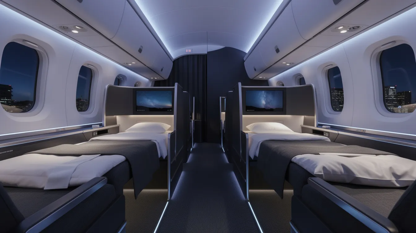 The image depicts a modern business class cabin featuring lie-flat pods with ambient blue lighting, creating a serene atmosphere during a night flight. This luxurious setup highlights the comfort and privacy that business class passengers enjoy, making it an appealing choice for those seeking affordable business class flights.