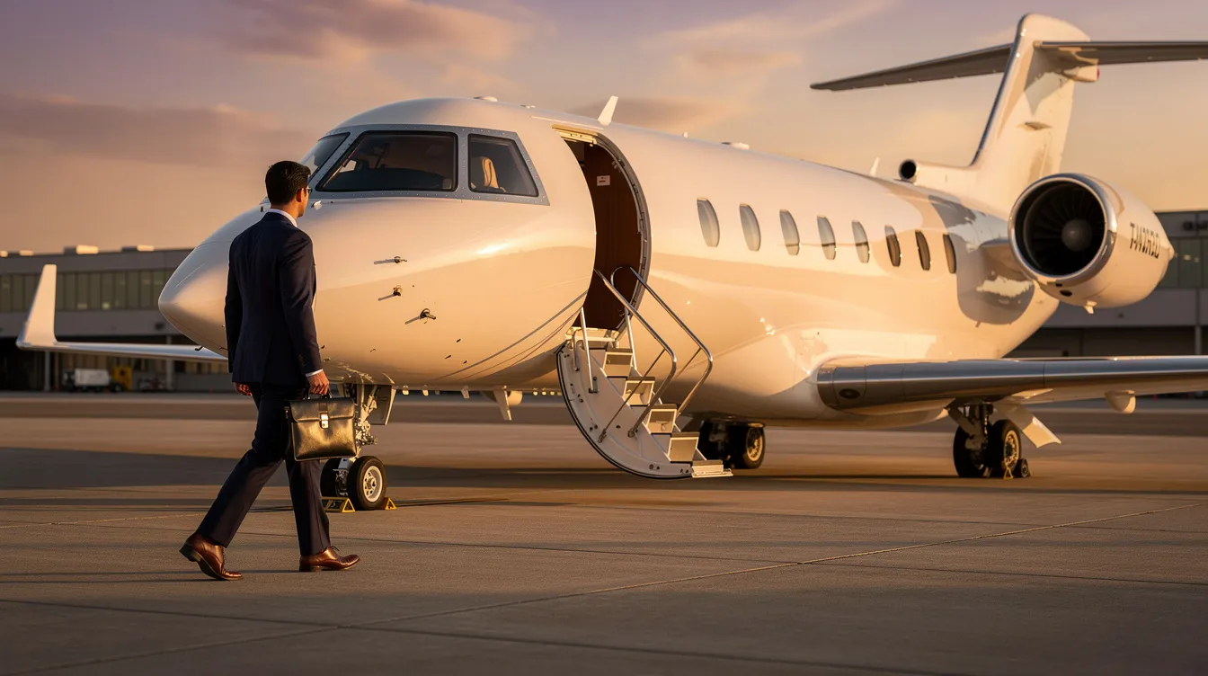 A sleek private jet is parked on the tarmac during golden hour, with an executive walking confidently toward the aircraft steps, embodying the luxury of business class travel. This scene captures the essence of premium services and the allure of flying business class, showcasing the appeal of affordable business class flights for discerning travelers.