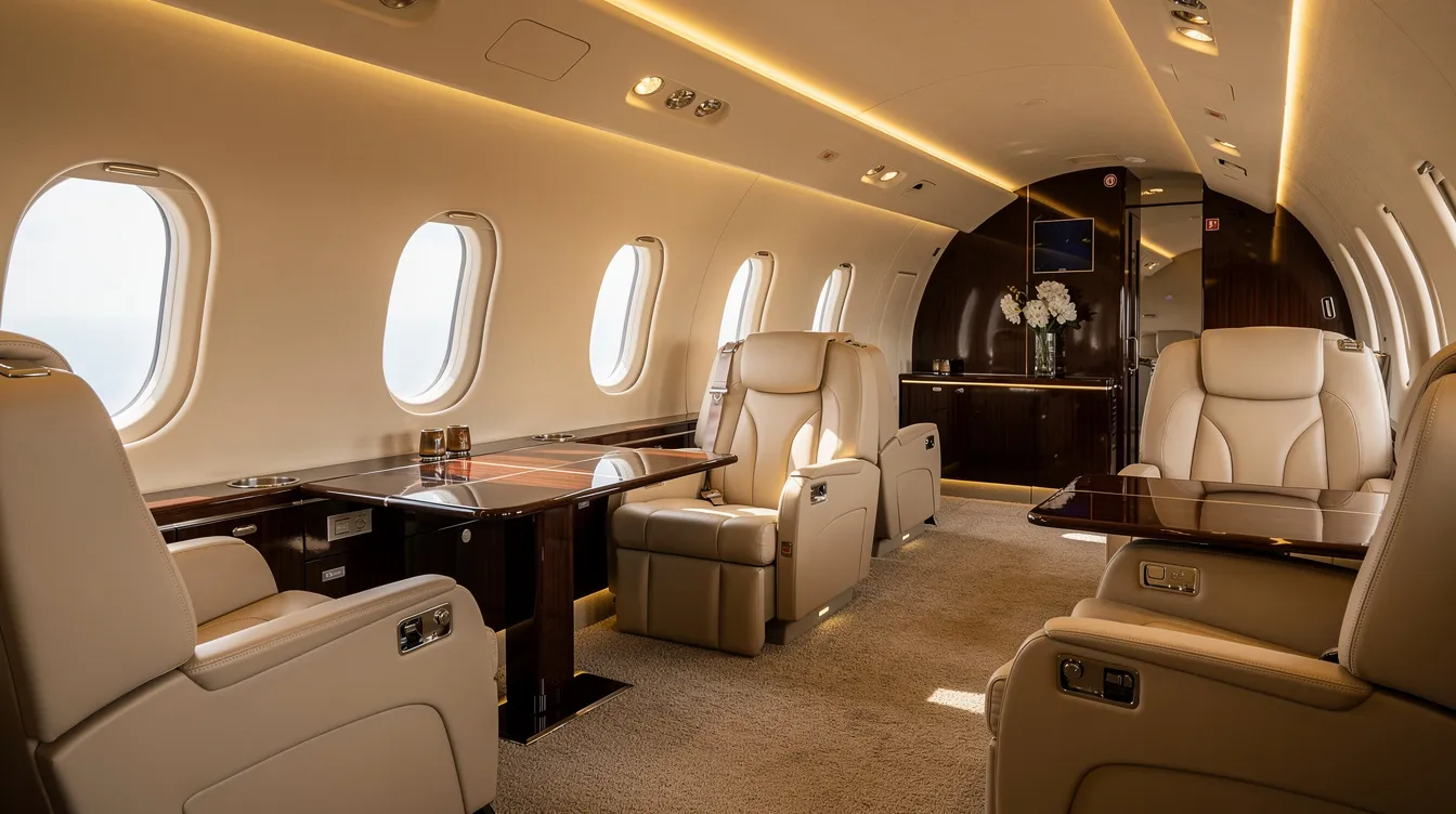 The image depicts the interior of a luxurious private jet cabin, featuring cream leather seats and warm ambient lighting, complemented by polished wood accents, creating an inviting atmosphere for first class passengers. This elegant space is designed for ultimate first class air travel, ensuring comfort and sophistication for those on board.