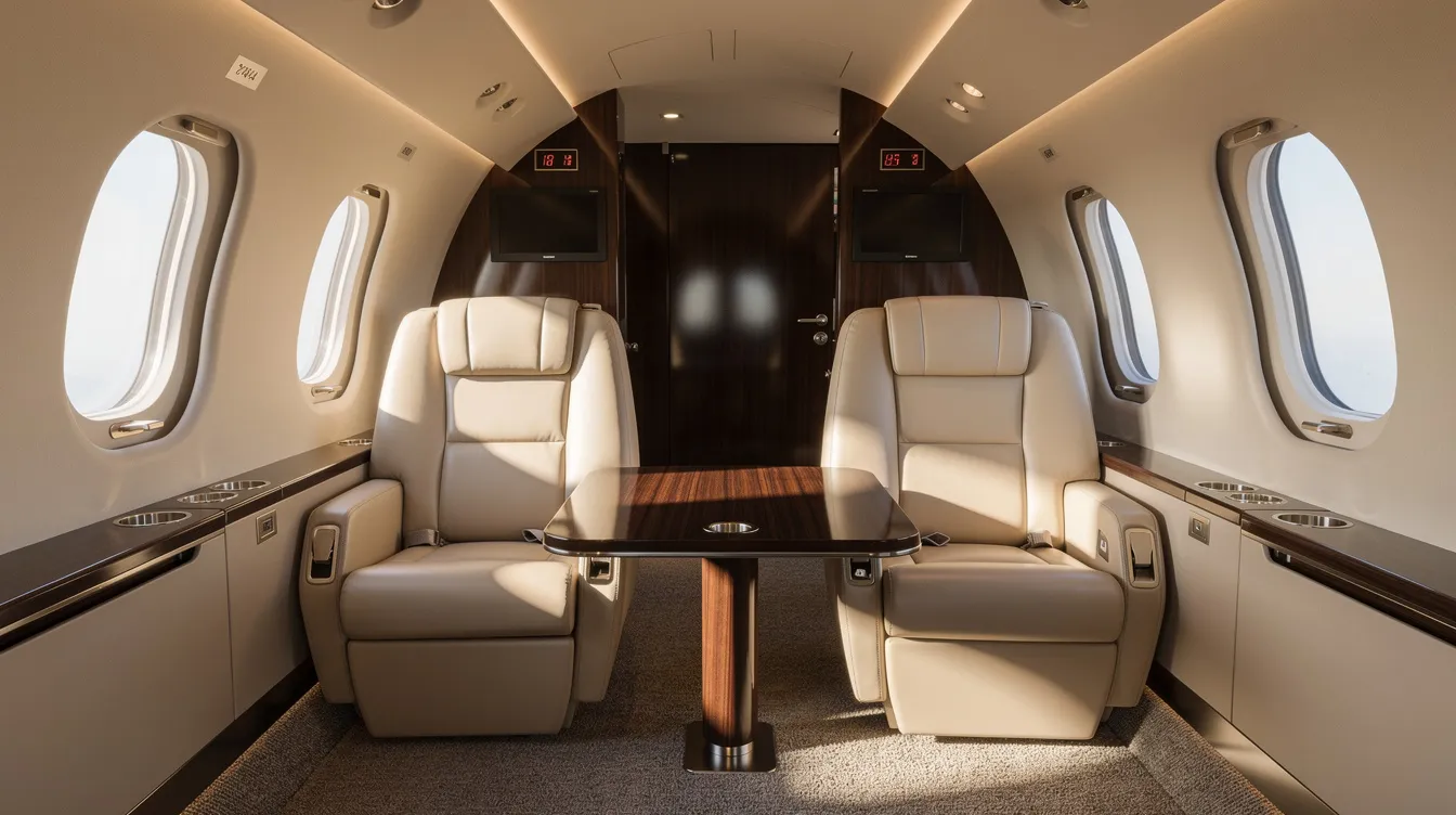The image depicts the interior of a spacious large-cabin private jet, featuring wide cream seats arranged in a club configuration, with natural light streaming through oval windows, creating an inviting atmosphere for first class passengers. This luxurious setting highlights the ultimate first class experience, offering ample space and comfort for travelers.