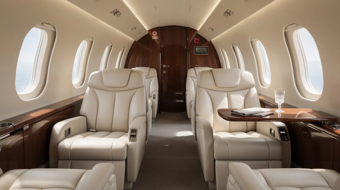 The image showcases the luxurious interior of a private jet cabin, featuring cream leather seats and elegant wood accents, illuminated by natural light streaming through oval windows. This first class experience offers an inviting atmosphere for travelers seeking comfort and style on their flights to Europe.