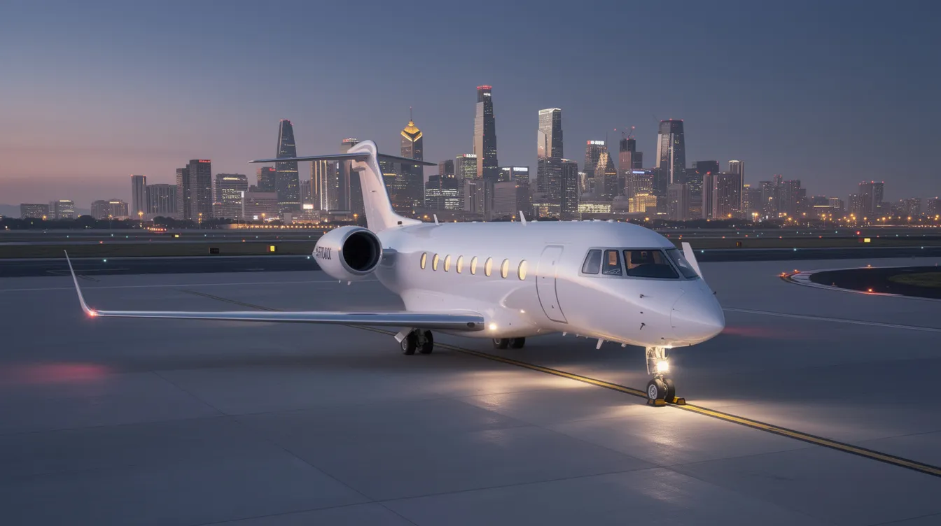 A private jet is parked on the tarmac at dusk, with the vibrant city lights twinkling in the background, showcasing a luxurious travel experience reminiscent of first class flights to Europe. The scene highlights the exclusivity and comfort associated with business class travel.