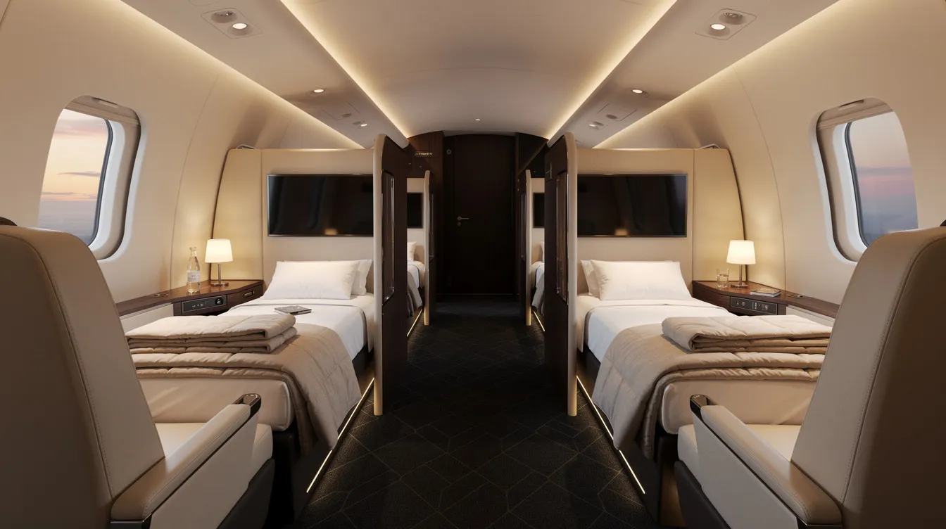 The image depicts the interior of a modern luxury aircraft cabin featuring lie-flat suite seats, designed for maximum comfort during first class flights. Soft ambient lighting enhances the serene atmosphere, making it an ideal setting for relaxation and in-flight entertainment on international flights to Europe.