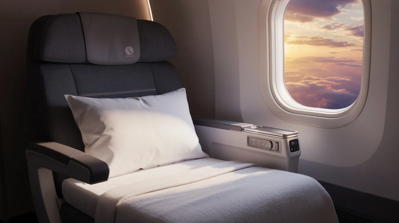 The image features a wide lie-flat airplane seat in business class, adorned with a soft blanket and a plush pillow, positioned next to a window showcasing vibrant clouds at sunset. This luxurious setting highlights the comfort and premium experience offered to business class passengers during long haul flights.