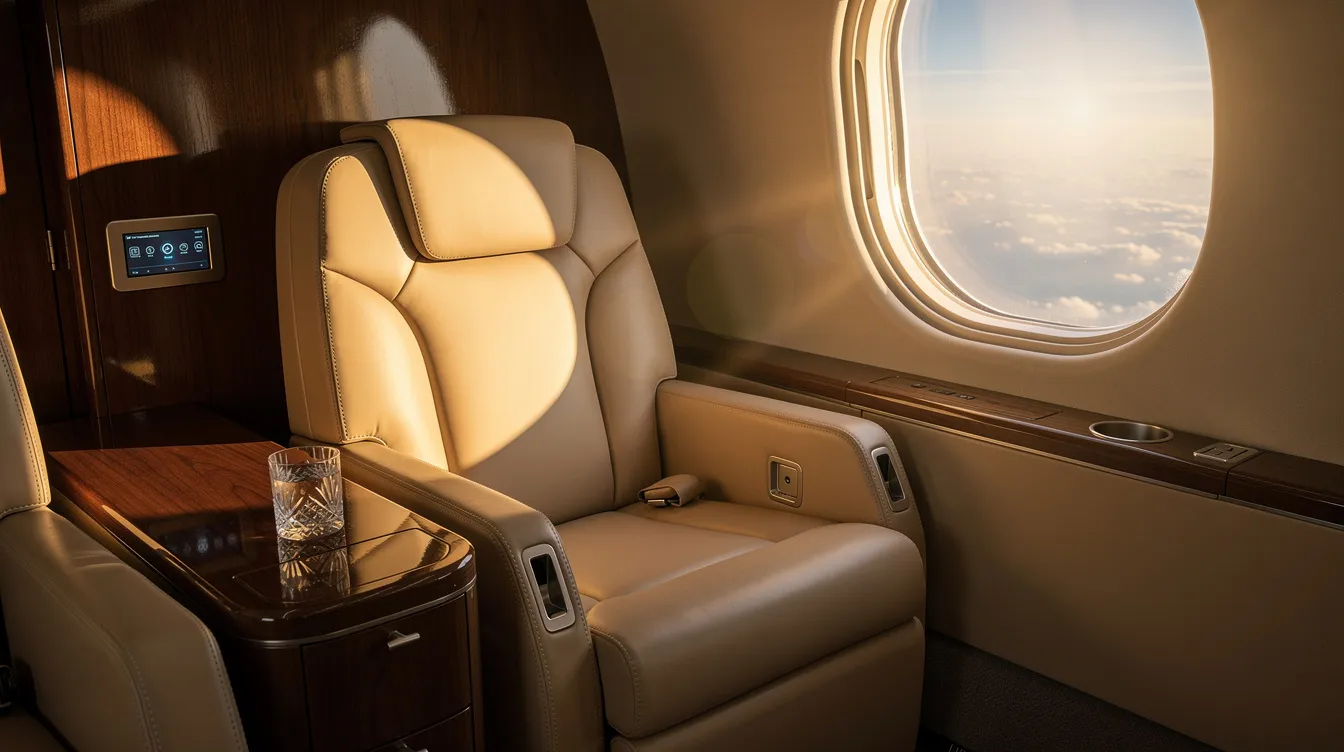 An aerial view captures a luxurious private jet leather club seat positioned next to a large oval window, with warm sunlight streaming in, highlighting the spacious cabin layout. This inviting seat offers a glimpse of the sky outside, providing a sense of comfort and elegance for passengers flying in business class.