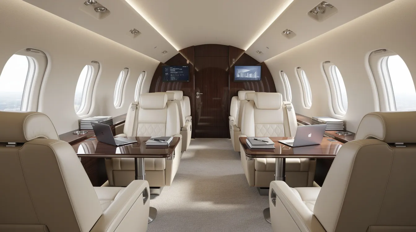 The image depicts the luxurious interior of a private jet featuring cream leather seats arranged in a spacious cabin designed for executive work. With ample room for first class passengers, the cabin offers a sophisticated atmosphere ideal for both comfort and productivity.