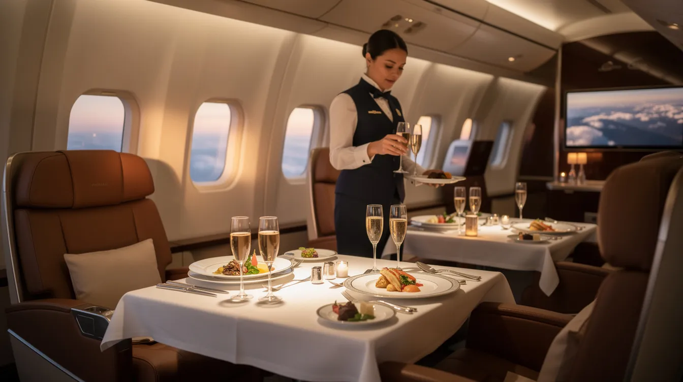 The image depicts an elegant dining experience inside a premium airline cabin, featuring soft lighting and a beautifully set table with champagne service. First class passengers enjoy a multi-course meal in a luxurious atmosphere, highlighting the comfort and sophistication of business class travel.
