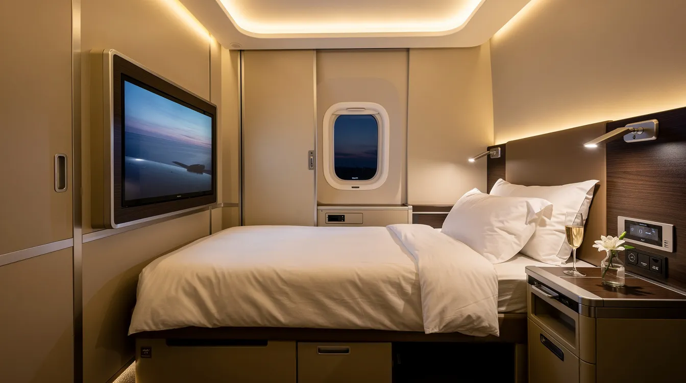 The image depicts a luxurious first class suite on an airline, featuring a fully flat bed with comfortable bedding, ambient lighting, and privacy doors that enclose the cabin for an exclusive experience. This first class cabin is designed for maximum comfort, ideal for long haul flights, providing a memorable travel experience for first class passengers.