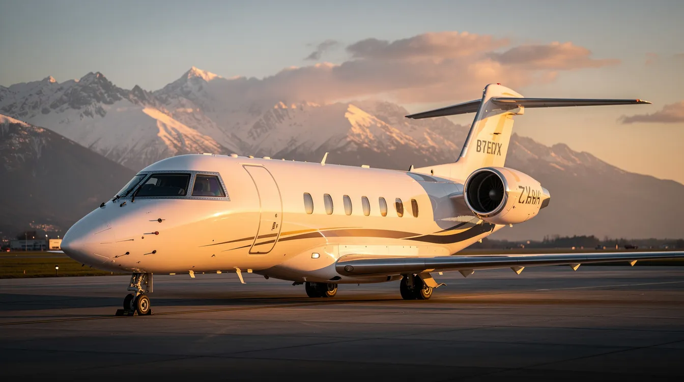 A luxurious private jet is parked on a tarmac during the golden hour, with majestic mountains in the background, showcasing the elegance of first class travel. The scene captures the essence of high-end air travel, emphasizing the exclusivity and comfort associated with private flights.