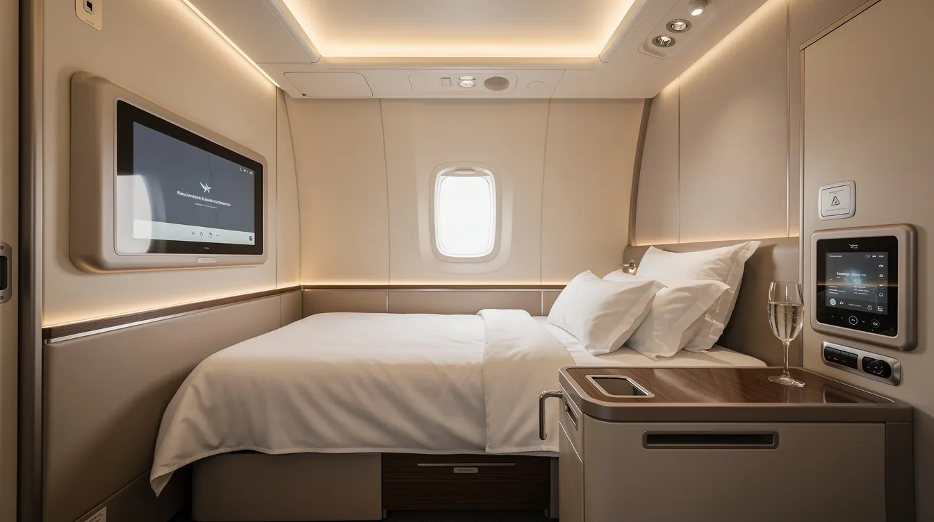 The image depicts the interior of a luxurious first class suite on an airline, featuring soft ambient lighting and a fully flat bed adorned with crisp white linens, providing an intimate and comfortable space for first class passengers. The suite emphasizes the best first class airline experience, offering privacy and a serene atmosphere for relaxation during international flights.