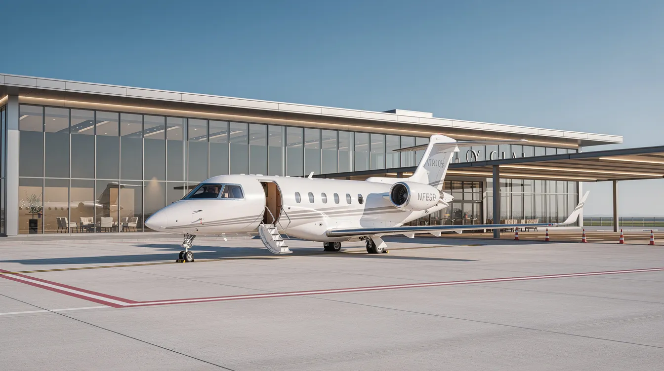 The image depicts a sleek private aviation terminal with a small jet parked on the tarmac, set against a clear blue sky, suggesting an exclusive atmosphere for business and first class passengers. This setting highlights the luxury of flying first class, offering amenities such as priority check-in and personalized service for a premium travel experience.