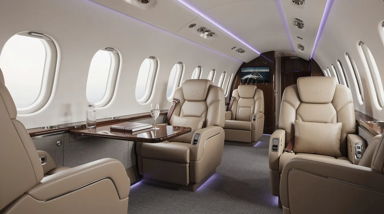 The image depicts the interior of a modern private jet cabin, featuring plush leather seating and sophisticated ambient lighting, ideal for those interested in fractional aircraft ownership or private aviation. The luxurious environment highlights the benefits of shared ownership, providing a comfortable space for multiple owners to enjoy their travel needs.