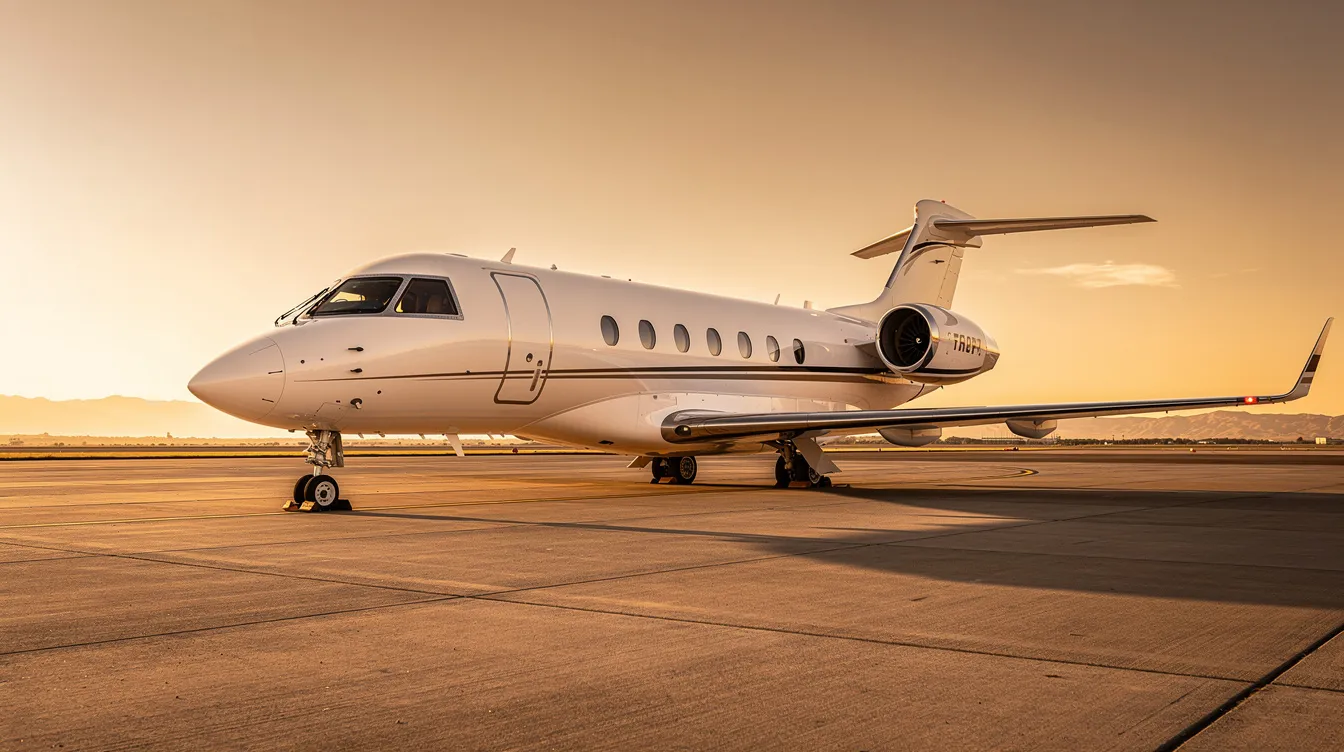 A sleek private jet is parked on a tarmac during golden hour, with a clear blue sky in the background. This image highlights the allure of private aviation and the benefits of fractional aircraft ownership, where multiple owners can share the costs and responsibilities of aircraft management while enjoying guaranteed access to their specific aircraft.