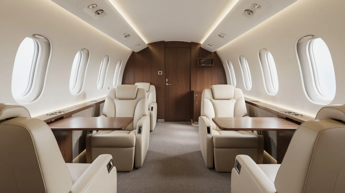 The image depicts the interior of a modern private jet cabin, featuring cream leather seats and warm ambient lighting, creating a luxurious and inviting atmosphere for personal flying. This elegant space highlights the benefits of private aviation, offering comfort and style for aircraft owners and budget-minded pilots alike.