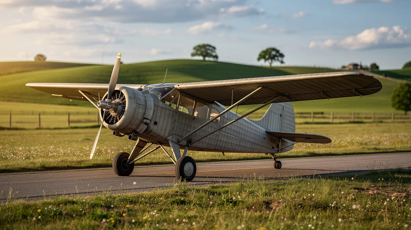 A classic fabric-covered taildragger aircraft, reminiscent of vintage aviation history, is parked on a rural grass runway with rolling hills in the background, showcasing its easy handling and nostalgic flying experience. This affordable aircraft exemplifies the charm of personal flying and is ideal for budget-minded pilots seeking a low-cost entry into the used aircraft market.