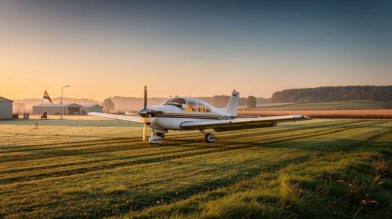 A small single-engine aircraft, possibly a Piper J-3 Cub, is parked on a quiet rural grass airstrip bathed in the warm glow of golden hour. This affordable aircraft exemplifies personal flying with its low operating costs and easy handling, making it a popular choice for budget-minded pilots and flight training.