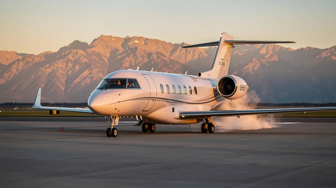 A sleek private jet, representative of modern business jets, is taxiing on a quiet runway during golden hour, with majestic mountains in the background. This scene captures the elegance and performance of aircraft manufacturing, highlighting the beauty of aviation in a tranquil setting.