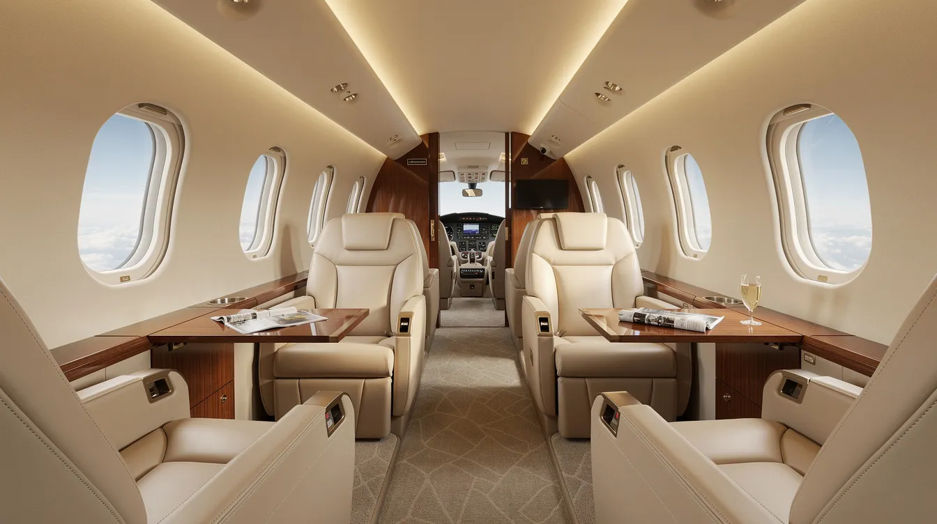 The image depicts the interior of a modern large-cabin private jet, featuring luxurious cream leather seats complemented by warm wood accents, showcasing the elegance and comfort typical of high-end business jets. This sophisticated design reflects the innovation and quality associated with leading global aerospace companies.