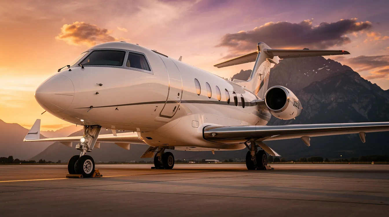 A sleek private jet with retractable landing gear is parked on a tarmac at sunset, casting a silhouette against the vibrant sky, while majestic mountains rise in the background. This aircraft represents the epitome of business travel, highlighting the performance and operating costs associated with private aviation.
