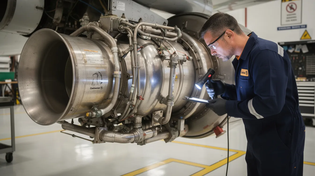 A mechanic inspects a Continental aircraft engine in a well-lit maintenance hangar, highlighting the intricate systems and components essential for the aircraft's performance. This close-up emphasizes the importance of regular maintenance to ensure safety and efficiency in flight operations, particularly for models like the Cessna 210.