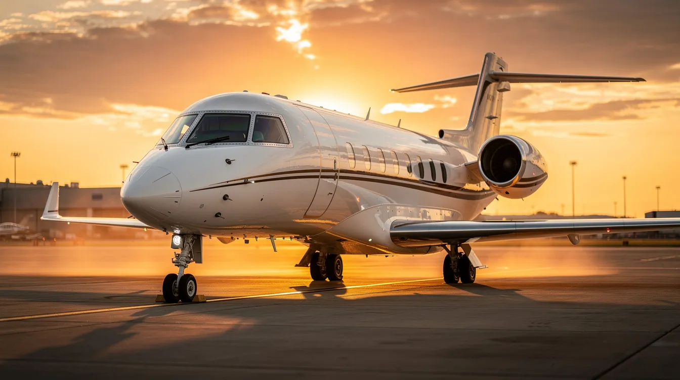 A modern private jet is parked on a tarmac, bathed in the golden light of sunset, which reflects off its sleek fuselage. The aircraft, a symbol of luxury and flight training, stands ready for its next journey against a vibrant sky.