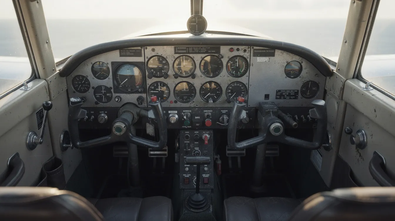 The image depicts a vintage light aircraft cockpit, specifically a Cessna 152, showcasing round analog gauges and dual yoke controls, viewed from above. The cockpit features essential flight training equipment and standard avionics, reflecting its design for primary instruction in aviation.