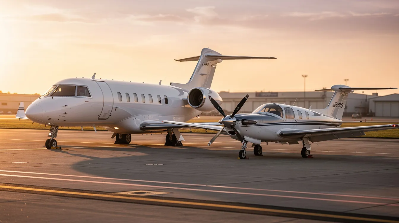The image shows a private jet and a small propeller aircraft parked side by side on a tarmac during golden hour, with warm sunlight illuminating their sleek designs. This scene captures the essence of aviation, highlighting the importance of aircraft insurance for both owners and renters, ensuring financial protection and liability coverage in the event of an accident.