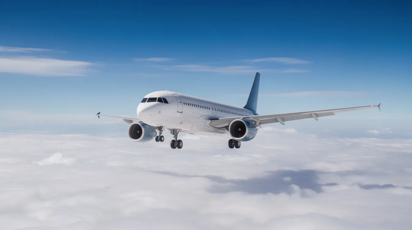 A modern commercial airliner soars above fluffy white clouds in a clear blue sky, symbolizing the safety and efficiency of commercial aviation. This image reflects the advancements in aircraft operation and the commitment to aviation safety that helps minimize the risk of aviation accidents.