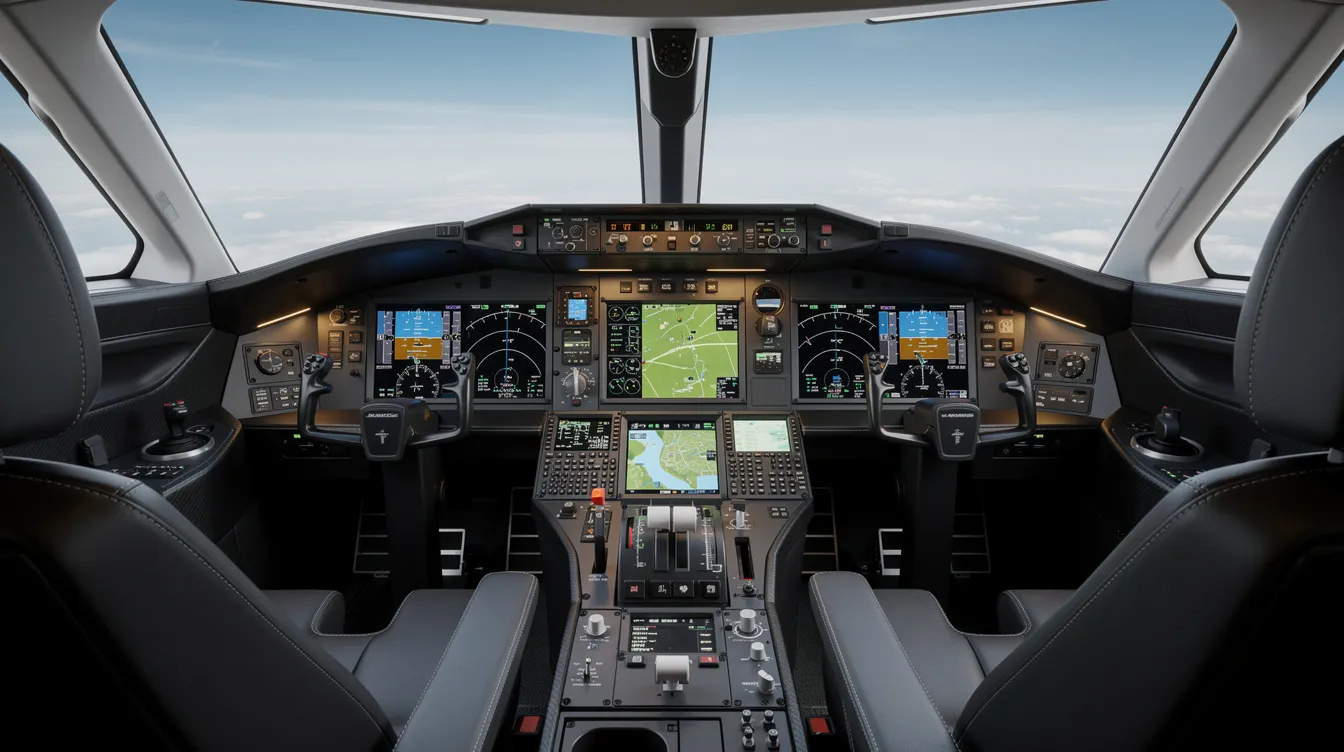 The image depicts a modern glass cockpit interior of a business jet, showcasing advanced digital flight displays and control panels that are essential for safe aircraft operation. This high-tech environment is crucial for pilots, as it enhances aviation safety and aids in effective navigation during air travel.