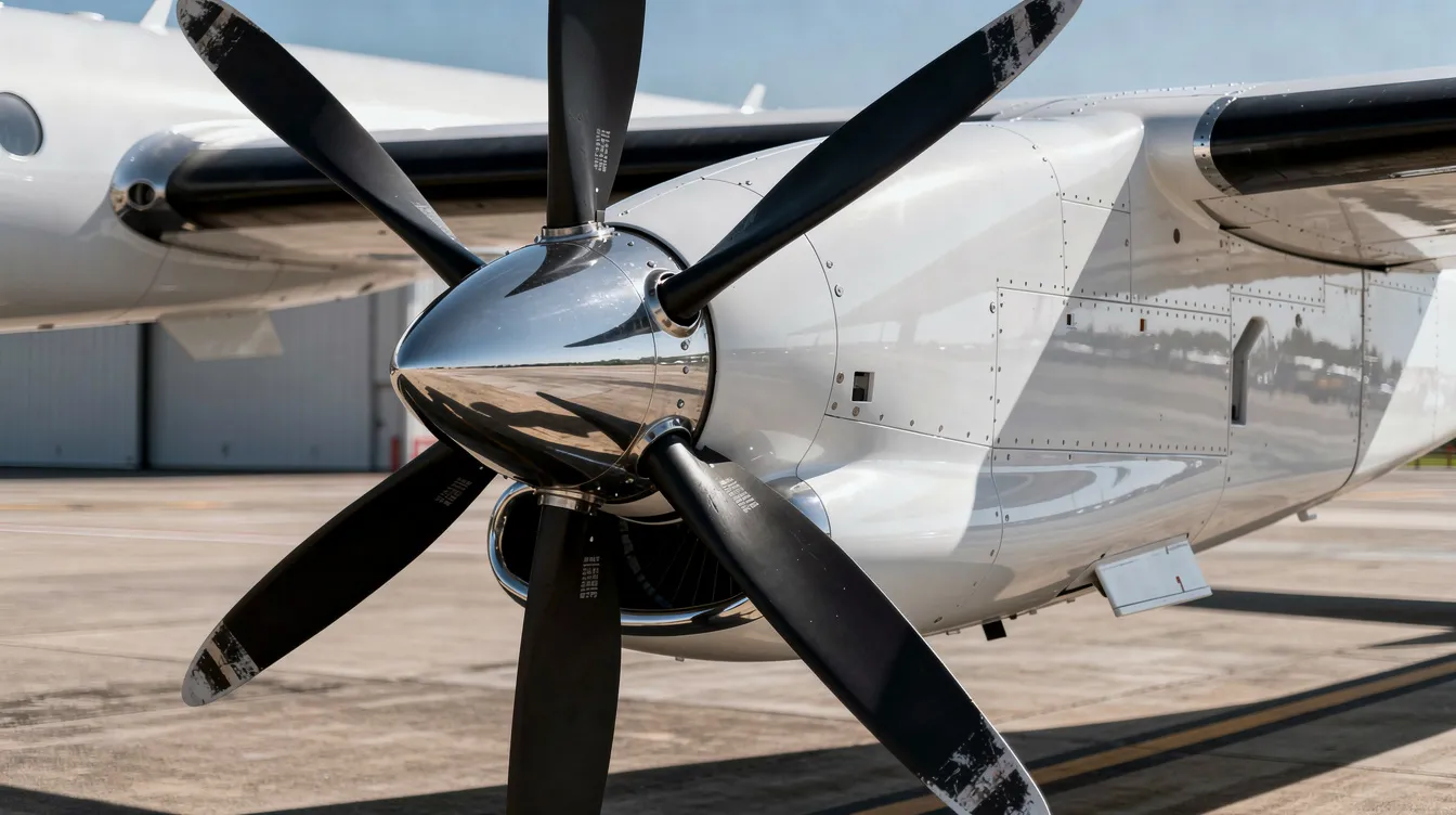 This close-up image showcases a turboprop engine with a four-blade propeller mounted on the wing of a business aircraft, highlighting the intricate design of jet and propeller propulsion. The engine's components reflect modern jet engine technology, emphasizing its efficiency and reliability for small subsonic aircraft.