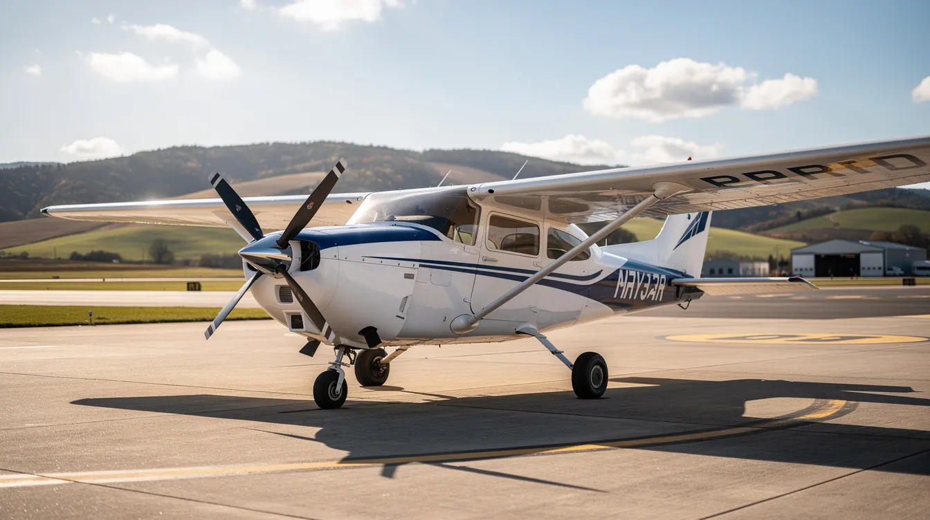 A white and blue Cessna 172 is parked on a sunlit tarmac, with rolling hills visible in the background, showcasing the aircraft's sleek design. This scene highlights the importance of aviation insurance for aircraft owners, particularly for maintaining safety and covering potential liabilities.