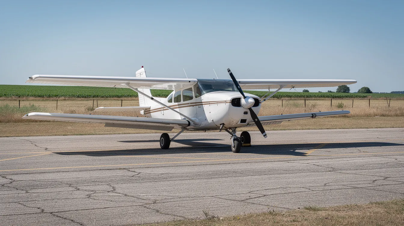 A small single-engine Cessna aircraft is parked on a quiet rural airstrip under a clear blue sky, showcasing its high wing design and reliable piston engine. The serene setting highlights the aircraft's role in general aviation, making it an ideal choice for student pilots and flight schools.