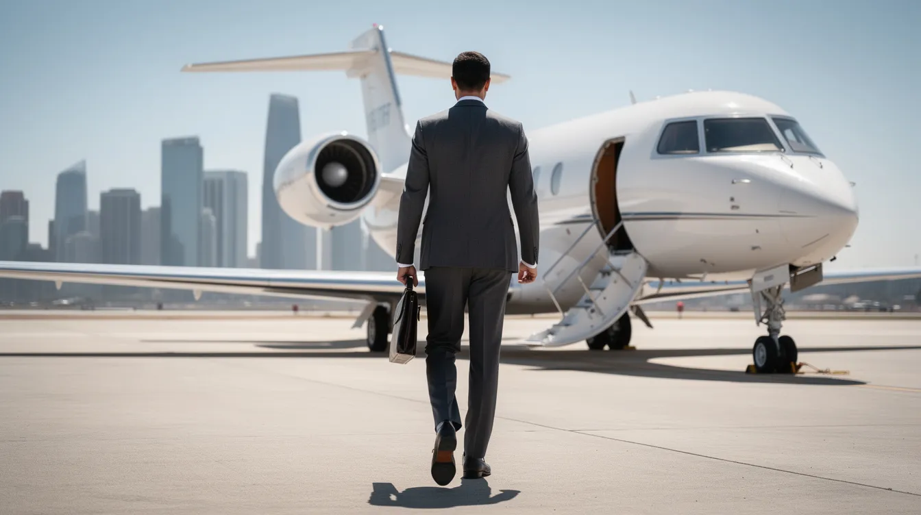 An executive in a tailored business suit walks confidently toward a midsize private jet parked on a sunny tarmac, with a distant city skyline providing a backdrop. This scene captures the essence of the aviation industry, highlighting the allure of jet aircraft and the lifestyle associated with aircraft sales.