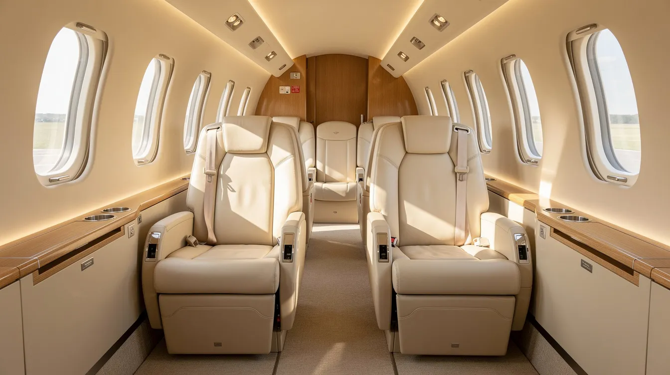 The image depicts a well-lit interior cabin of a private jet aircraft, featuring cream leather seats and natural sunlight streaming through oval windows, creating an inviting atmosphere for passengers. This luxurious space exemplifies the comfort and elegance associated with light aircraft, ideal for those interested in aircraft sales or private flying experiences.