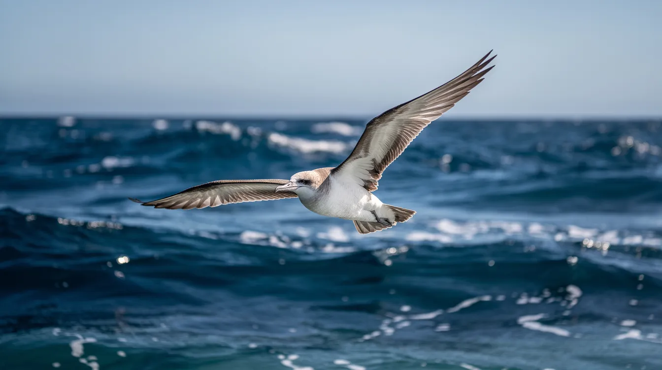 A seabird glides gracefully over the ocean waves, its long, narrow wings fully extended with the wingtips slightly flexing, showcasing a natural folding mechanism as it navigates the air. The bird's high aspect ratio wings enhance its lift and stability, reminiscent of advanced aircraft designs.