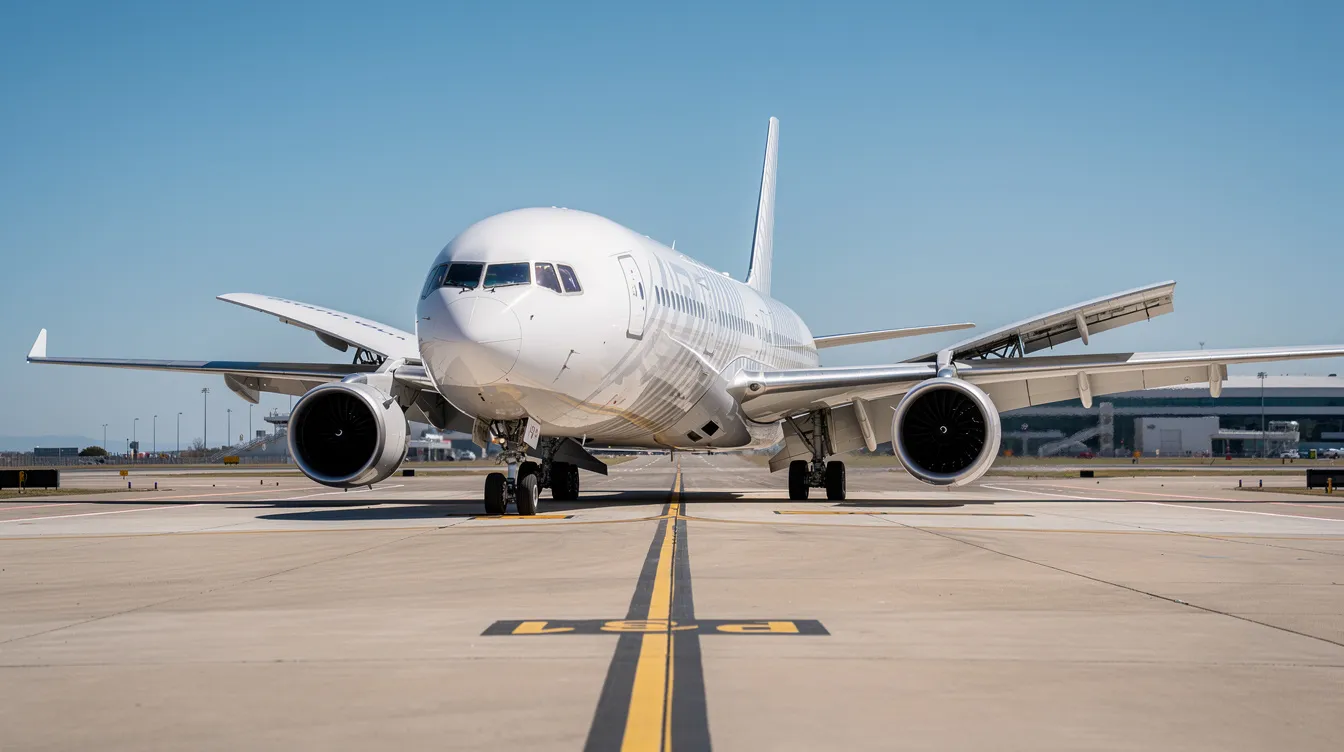 A wide-body commercial jet, featuring a wing folding mechanism, is taxiing on an airport taxiway with its outer wingtips folded upward against a clear blue sky. The aircraft, representing the next generation of commercial aviation, showcases its innovative design intended to enhance fuel efficiency and stability.