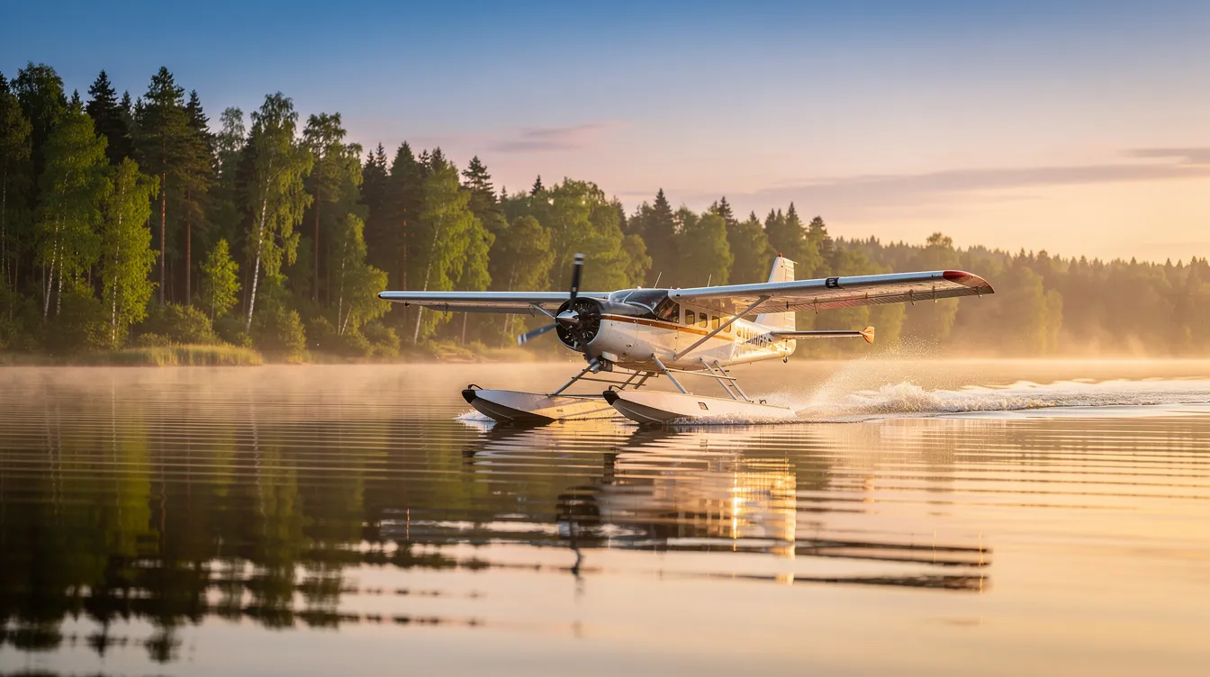 A small amphibious aircraft, the Aero Adventure Aventura II, is lifting off from a calm freshwater lake at sunrise, surrounded by lush trees. The scene captures the essence of light aviation adventure, highlighting the aircraft's sleek design and the tranquil beauty of nature.