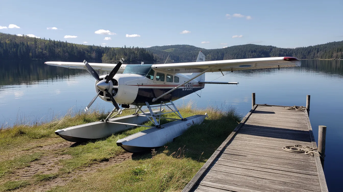 A small pusher-propeller amphibious plane, known as the Aventura II, is parked on a grassy strip next to a dock on a serene lake, showcasing its sleek design and capabilities for both land and water operations. The aircraft, designed for performance and adventure, features a lightweight airframe and a spacious wing area, making it an ideal choice for light aviation enthusiasts.