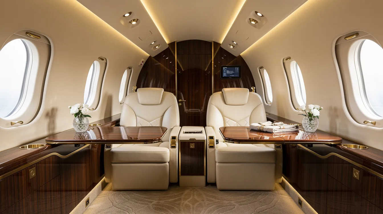 The image showcases the interior of a luxurious private jet cabin featuring cream leather seats, warm ambient lighting, and polished wood accents, creating an elegant atmosphere for premium offerings during flight. This sophisticated space reflects the high standards associated with private aircraft, reminiscent of the comfort found in Delta Air Lines' fleet.