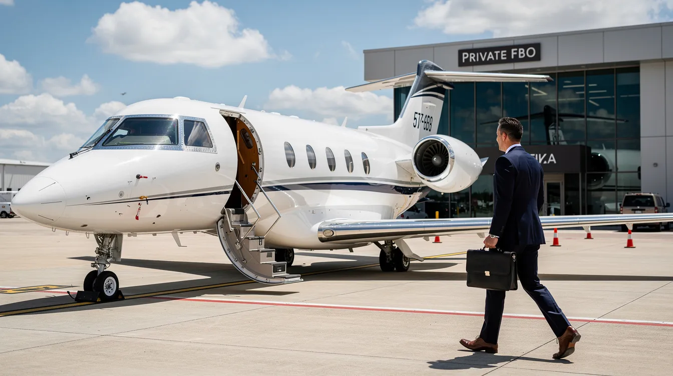 A small private jet is parked at a private FBO terminal under a clear blue sky, while an executive walks towards the aircraft, suggesting a luxurious flight experience. The scene reflects premium offerings and the exclusivity often associated with private aviation.