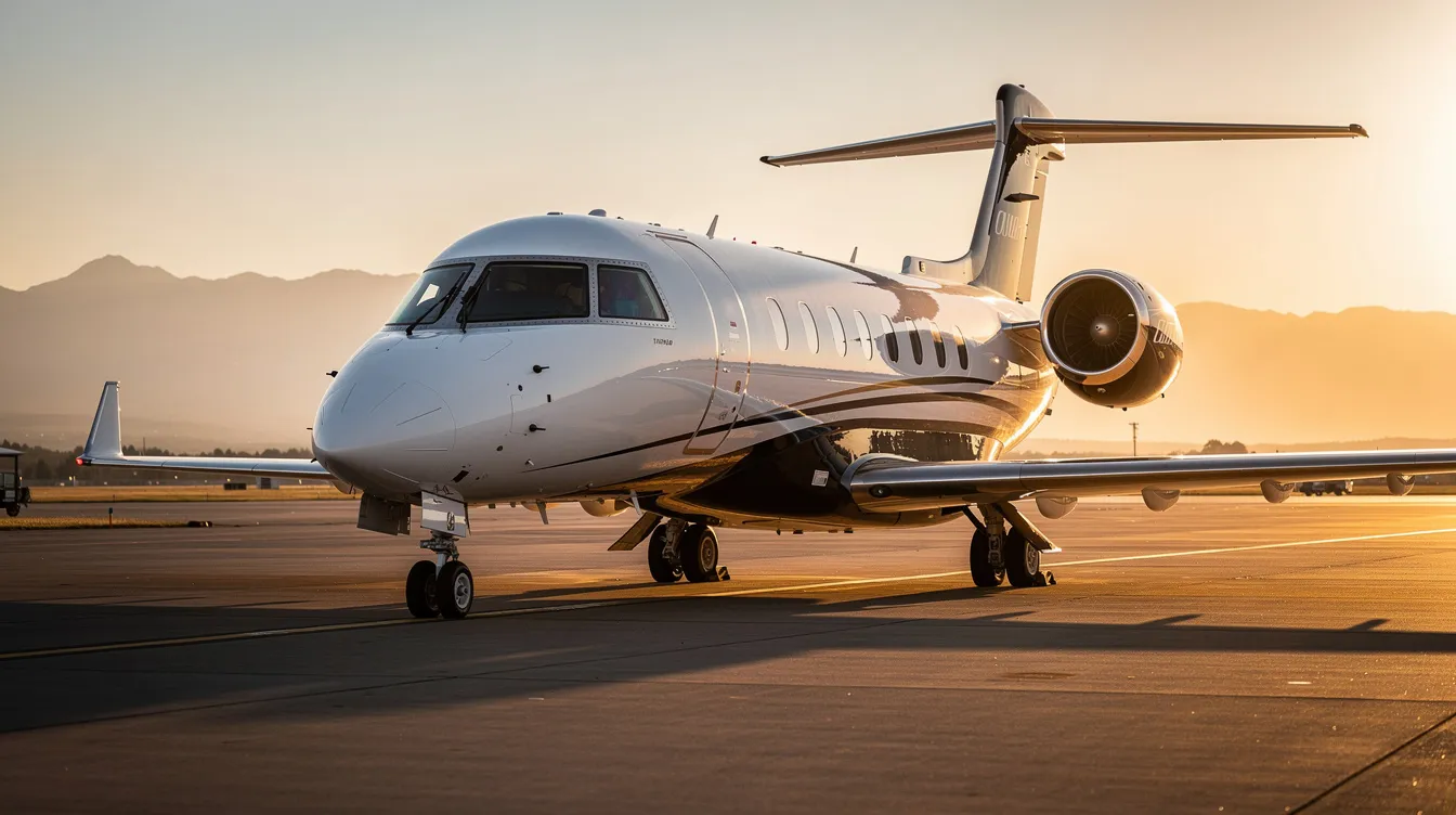 A sleek HondaJet Elite S is taxiing on the tarmac during golden hour, with the warm light illuminating its new exterior paint scheme and the mountains in the background. This light business jet showcases the Honda Aircraft Company's commitment to superior performance and advanced technology, enhancing operational capability for pilots.