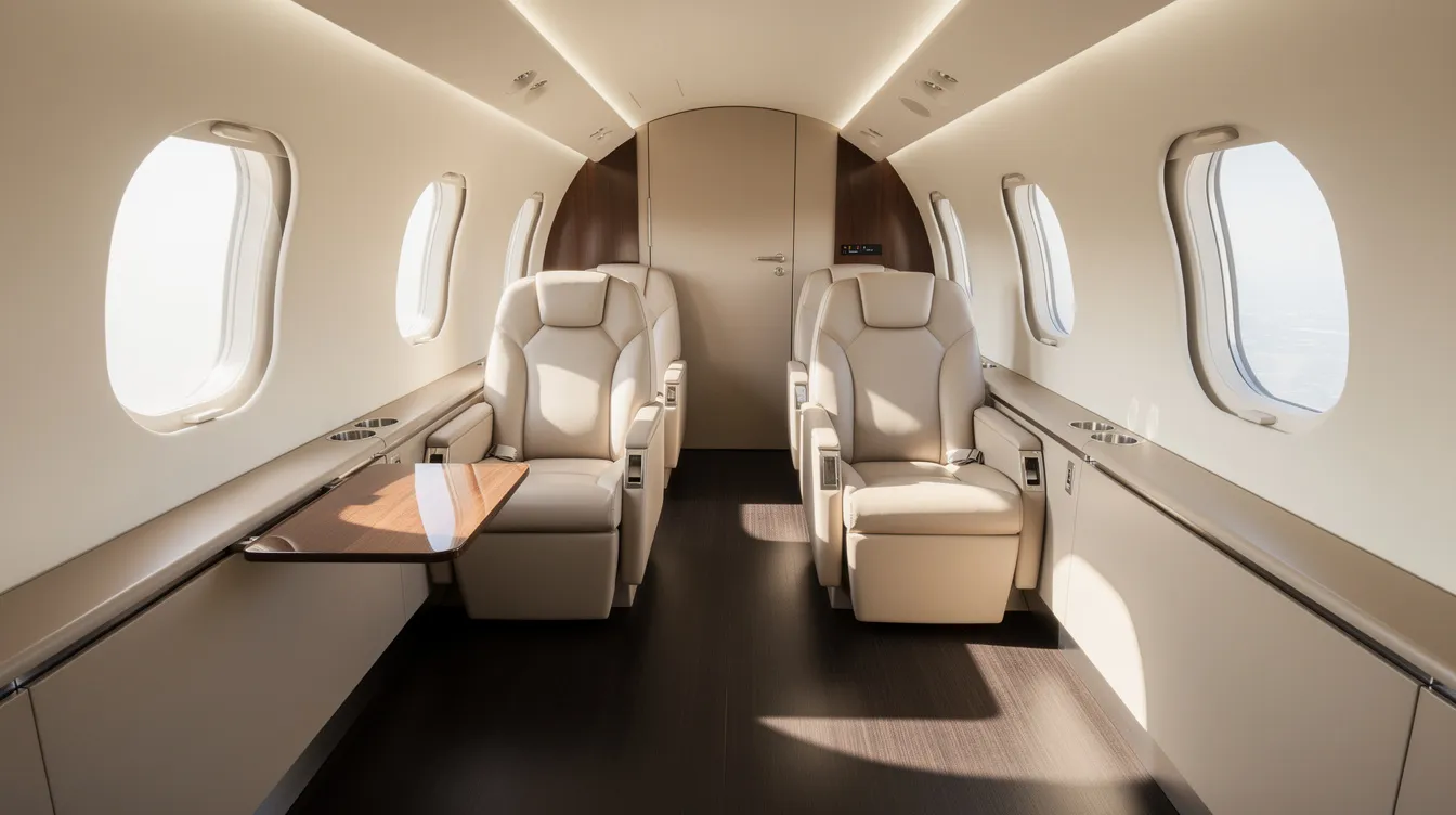 The image depicts the interior of a small private jet cabin featuring cream leather seats and large oval windows that allow natural light to flood the space, creating a bright and inviting atmosphere. This luxurious setting exemplifies the innovative design and advanced features of the HondaJet Elite, enhancing passenger comfort and flight experience.