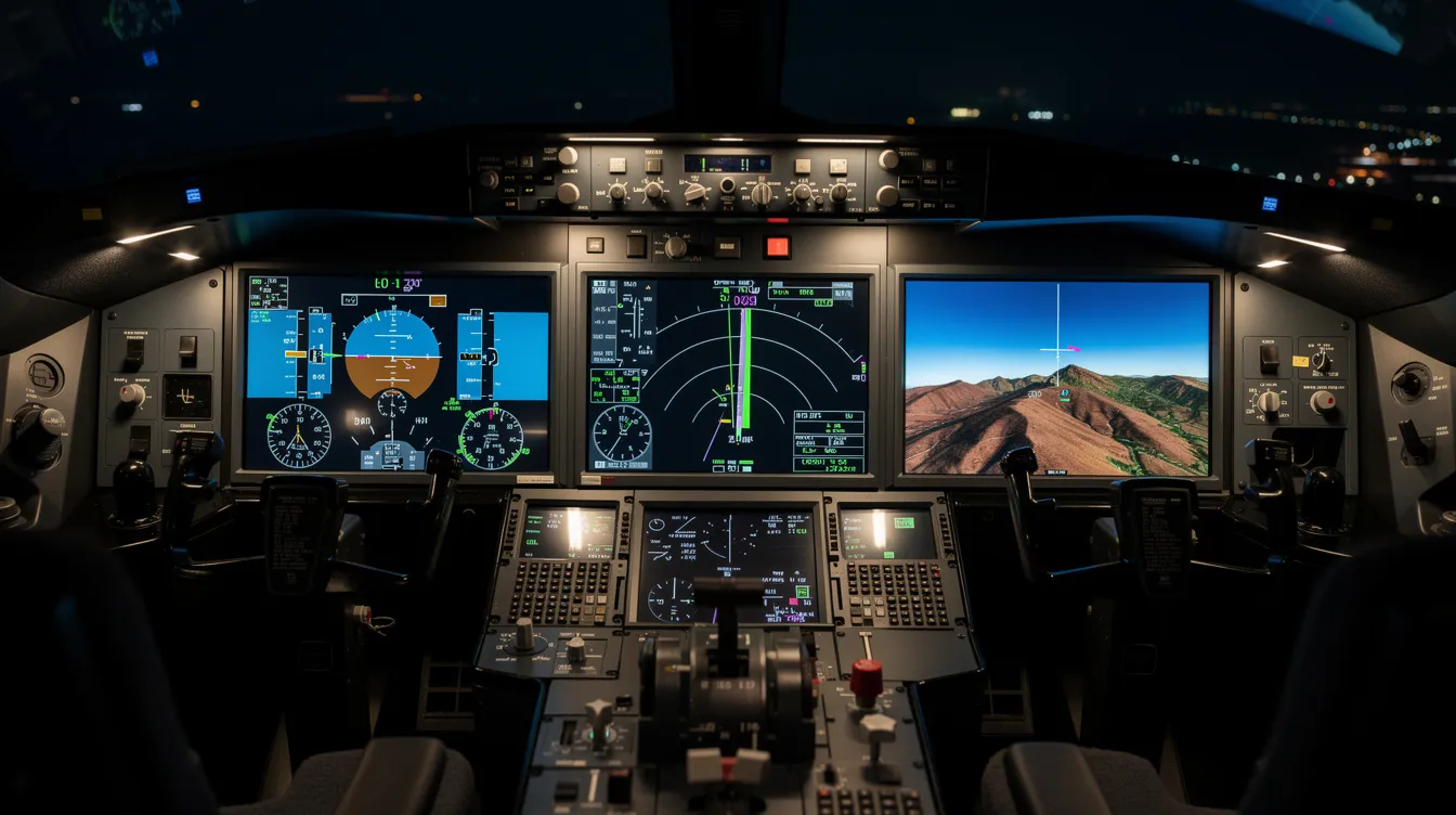 The image depicts a modern glass cockpit featuring three glowing displays that showcase vital flight instruments and a synthetic terrain view, highlighting the advanced steering augmentation system of the HondaJet Elite S. This innovative cockpit design enhances pilot workload management and operational capability, reflecting the Honda Aircraft Company's commitment to leading-edge technology in aviation.