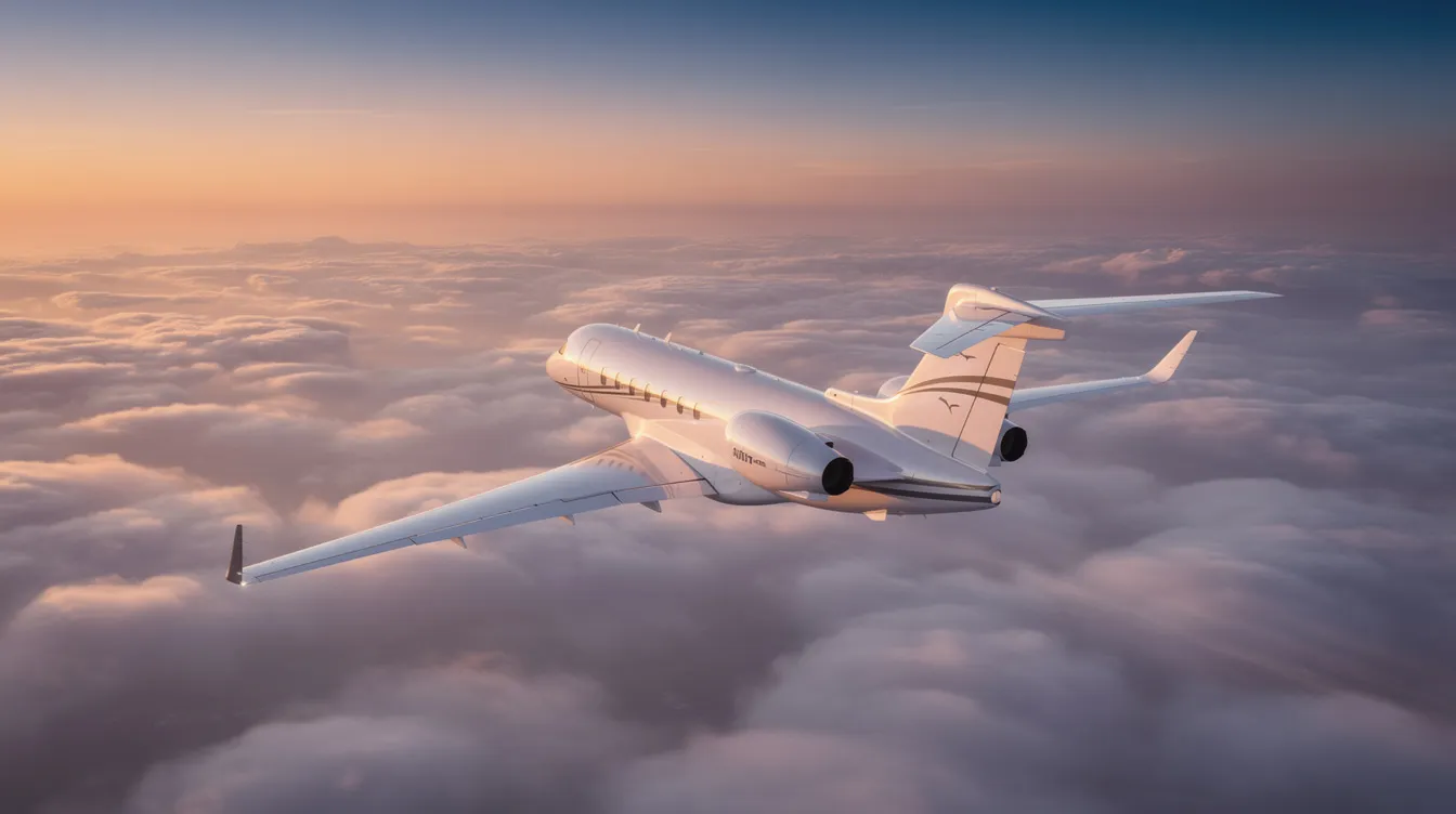 A sleek HondaJet Elite II is cruising gracefully above a layer of fluffy white clouds, illuminated by the warm hues of a sunset. This advanced light business jet showcases its superior performance and innovative design, epitomizing the future of aviation with its efficient operations and enhanced operational safety.