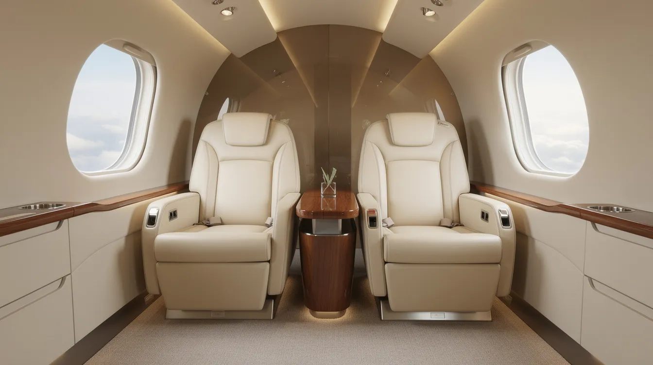 The image depicts the interior of a small private jet cabin featuring cream leather seats arranged to face each other, complemented by large oval windows that allow natural light to fill the space. This luxurious setting exemplifies the customer-centric design typical of advanced light business jets like the HondaJet Elite II, known for its superior performance and innovative features.